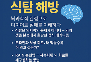식탐 해방을 주제로 한 인포그래픽. 뇌 그림과 함께 식욕, 도파민, RAIN 훈련법 등 핵심 개념을 요약한 청색 배경 이미지.