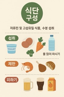 통풍 환자를 위한 아침, 점심, 저녁 식단 예시를 각각 아이콘과 음식 이미지로 구성한 카드 스타일 인포그래픽