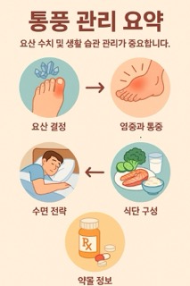 요산 결정, 염증 반응, 수면 전략, 식단 조절, 약물 요법 등 통풍 관리의 핵심 요소 5가지를 아이콘과 함께 보여주는 요약 다이어그램