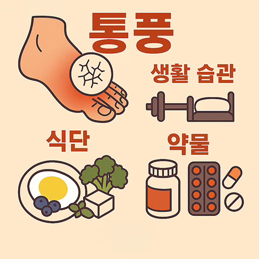 요산 결정, 염증 반응, 수면 전략, 식단 조절, 약물 요법 등 통풍 관리의 핵심 요소 5가지를 아이콘과 함께 보여주는 요약 다이어그램