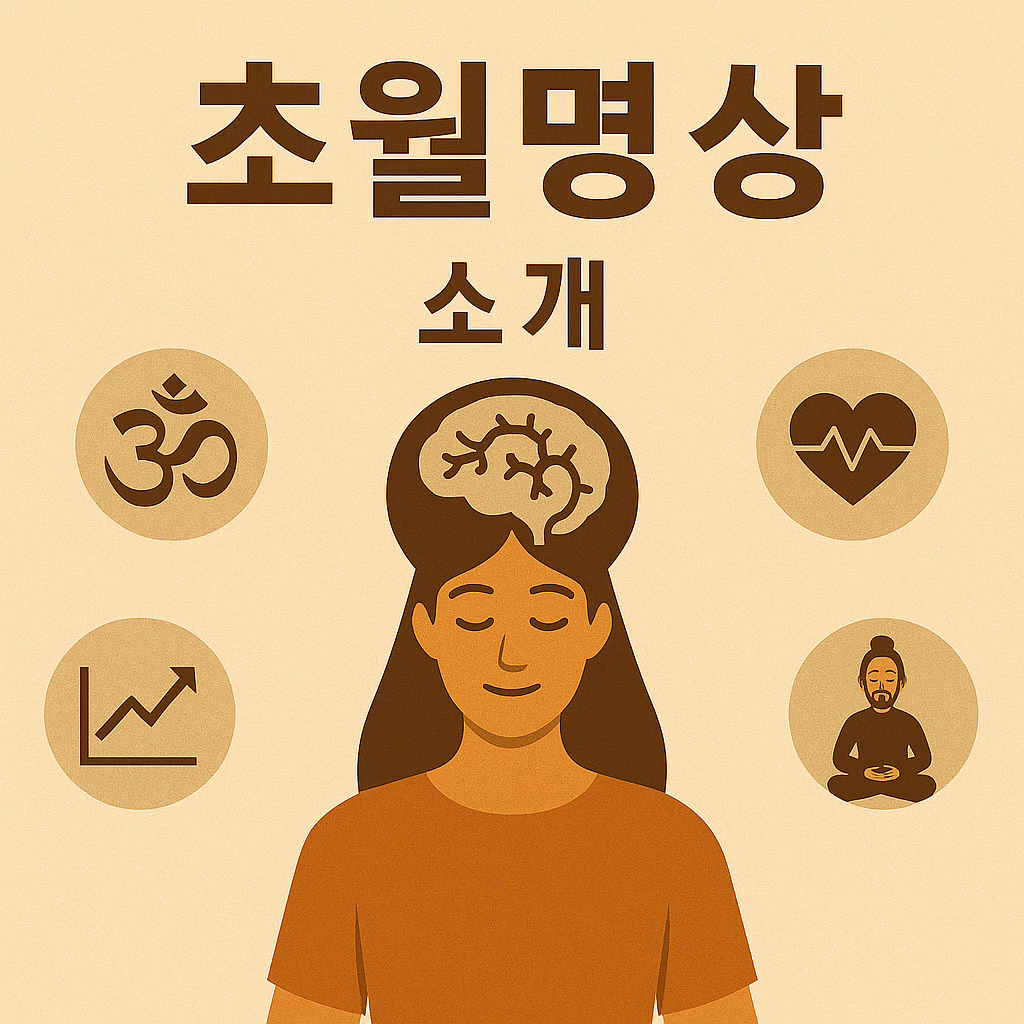 명상하는 여성과 뇌, 심장, 만트라, 성장, 종, 창시자를 상징하는 아이콘이 조화롭게 배치된 초월명상 이미지