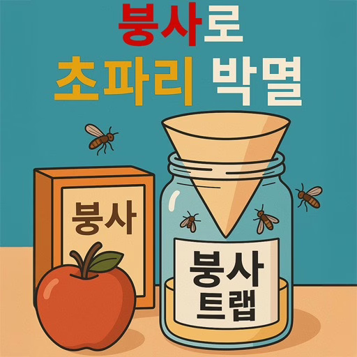 Korean illustrated poster showing how to eliminate fruit flies using a borax trap, with a borax box, funnel jar, apple, and flies