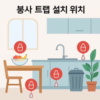 Illustrated kitchen scene showing recommended borax trap placements near fruit bowl, sink, trash can, and potted plant