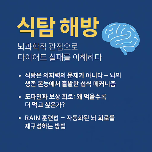 식탐 해방을 주제로 한 인포그래픽. 뇌 그림과 함께 식욕, 도파민, RAIN 훈련법 등 핵심 개념을 요약한 청색 배경 이미지.