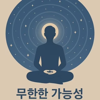 밤하늘 속 별과 원형 파동 중심에서 명상 중인 인물 아래에 ‘무한한 가능성’이라는 한글 문구가 있는 일러스트