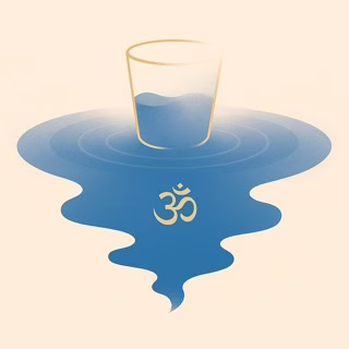 물컵 안의 물이 주변으로 퍼지며 옴(ॐ) 문양 위로 확장되고 있는 자아 해체를 상징한 일러스트