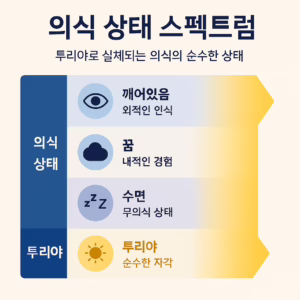 깨어있음, 꿈, 수면, 투리야의 네 가지 의식 상태를 색상과 아이콘으로 보여주는 스펙트럼 인포그래픽