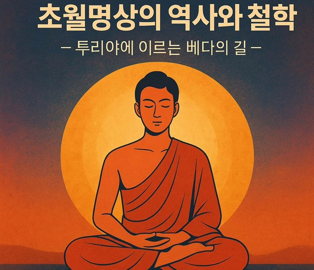 초월명상의 역사와 철학을 상징하는 명상자의 일러스트 – 투리야에 이르는 베다의 길을 표현한 대표 이미지