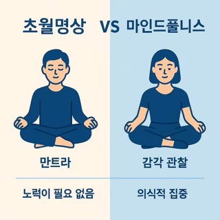초월명상과 마인드풀니스의 차이를 비교한 좌우형 인포그래픽 – 만트라 기반 vs 감각 관찰, 비노력적 침잠 vs 의식적 집중 강조