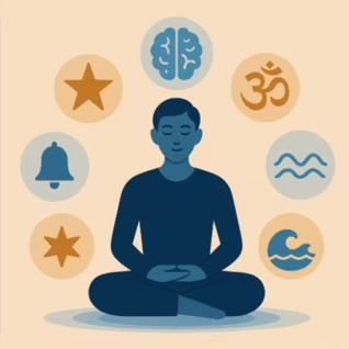 명상 자세를 취한 인물 주변에 뇌, 옴(ॐ), 파동, 종, 별, 바다 아이콘이 배치된 초월명상 상징 이미지
