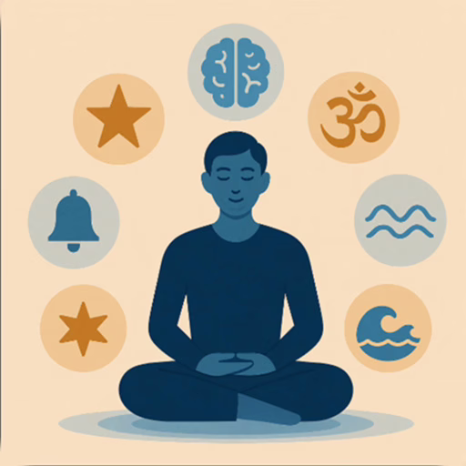 명상 자세를 취한 인물 주변에 뇌, 옴(ॐ), 파동, 종, 별, 바다 아이콘이 배치된 초월명상 상징 이미지